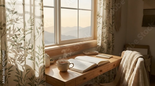 Cozy wooden desk by window with steaming mug and open notebook at sunrise.