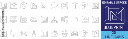Blueprint and architectural engineering plan drawing drafting line icon set. Vector symbols for house floor plan blueprint, drafting compass divider, ruler scale, construction project layout, and buil