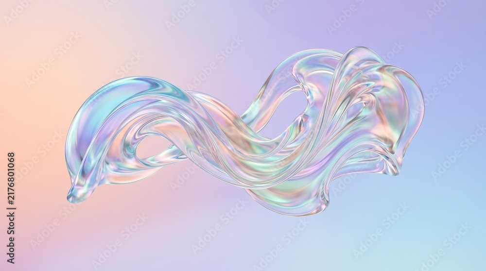 Fototapeta premium Abstract Iridescent Flowing Glass Wave Shape with Soft Pastel Gradient Background for Creative Design Projects
