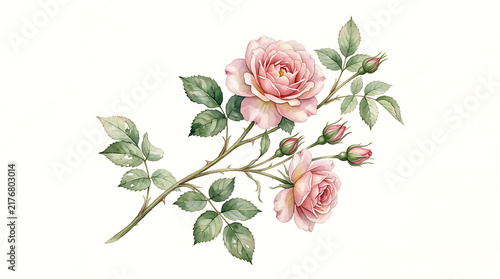 Elegant pink rose blossom with leaves and buds vector design element