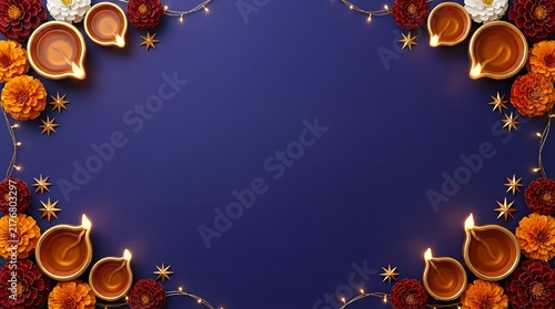 Happy Diwali elegant blue festive background with glowing diyas, marigold flowers, golden stars and beautiful decorative border elements