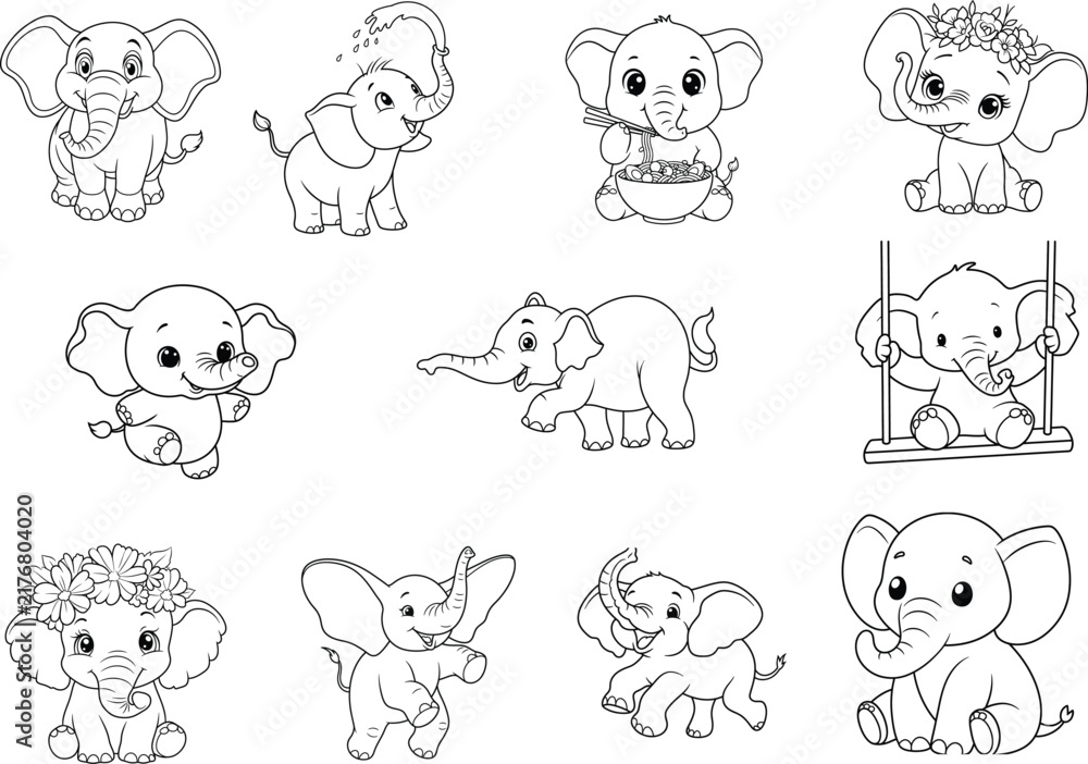 Obraz premium Cute baby elephant collection in black and white line art