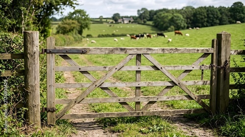 Wooden farm gate opening to a rural pasture with grazing cows in summer