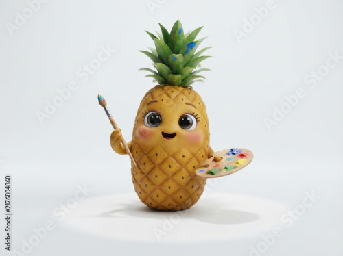 Cheerful pineapple artist character with paintbrush and palette for creative education and school project design concepts.