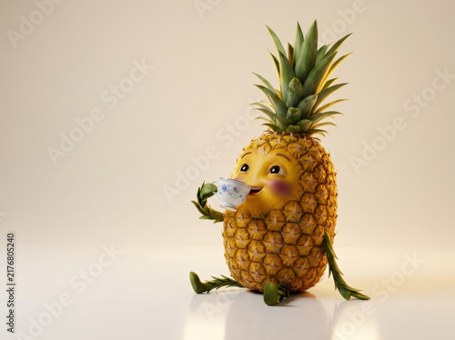 Cute anthropomorphic pineapple sitting and drinking tea from vintage china cup for relaxing leisure lifestyle home decor visuals.
