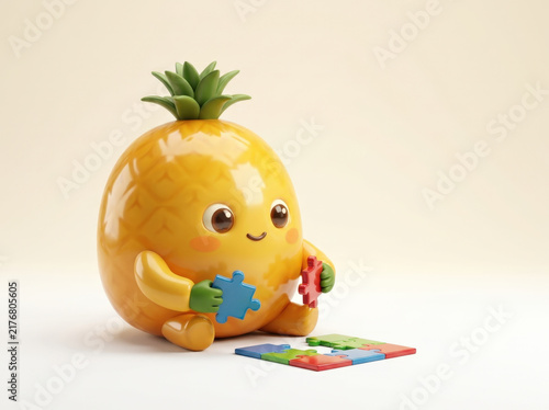 Cute cartoon pineapple character holding puzzle pieces sits on floor playing game with colorful jigsaw segments in studio setup.