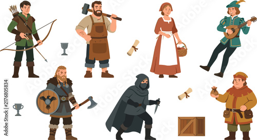 Картината върху платно Medieval Townsfolk and Fantasy RPG Game Character Vector Set Featuring Archer Bl