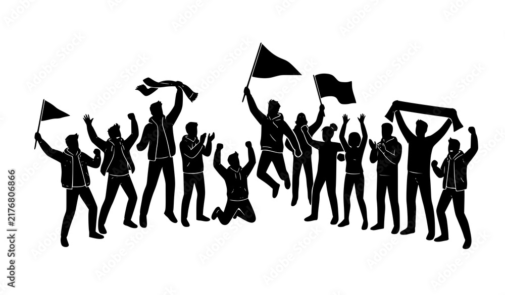 Obraz premium Dynamic Soccer Fan Crowd Silhouette with Flags and Celebration Scarves