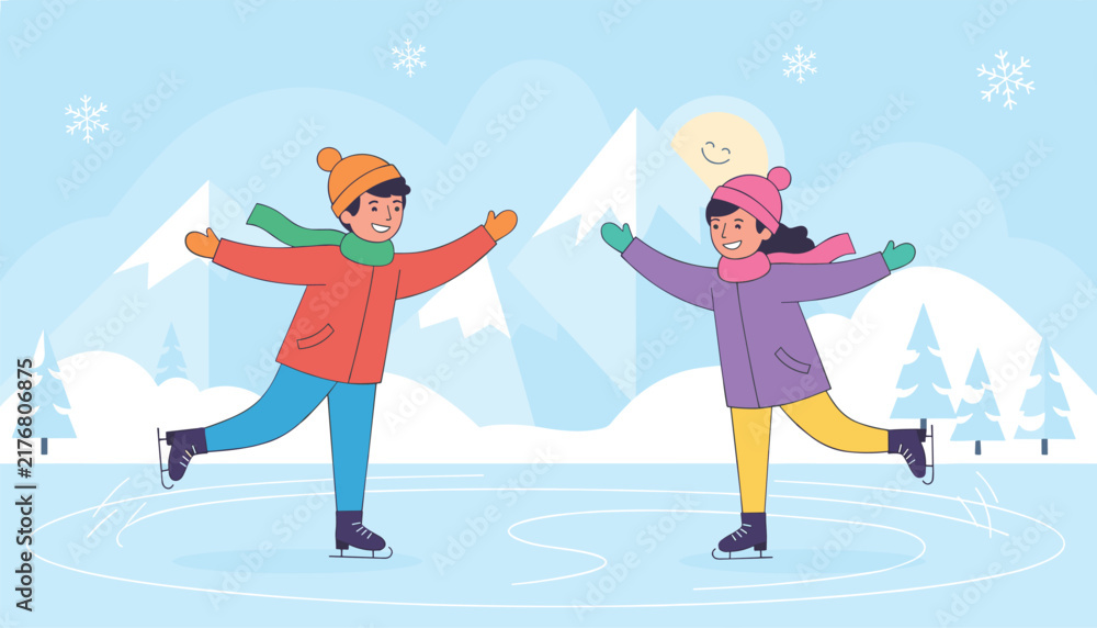 Fototapeta premium Happy boy and girl ice skating together on an outdoor frozen pond with snowy mountains and pine trees in the background.