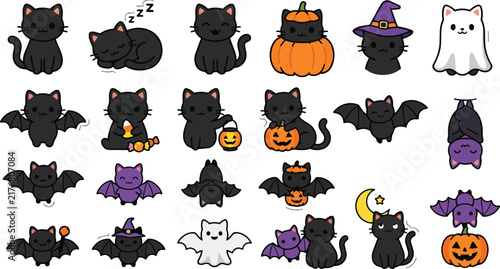 Halloween Icon Cute kawaii black cat Halloween icons collection, set of bats, pumpkins, ghosts, and witches in cartoon style, vector illustrations for spooky holiday design and party decorations