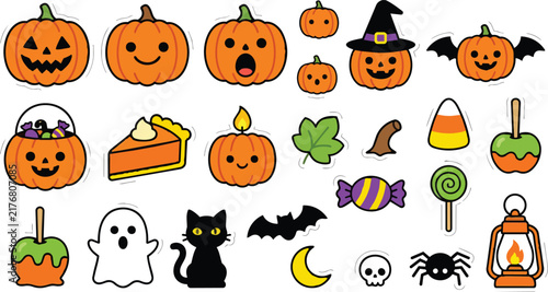 Halloween Icon Cute Halloween Vector Clipart Set. Happy Jack O Lantern Pumpkins, Black Cat, Ghost, Witch Hat. Candy Corn, Spider, Moon, Caramel Apple. Fun Kids Illustrations EPS