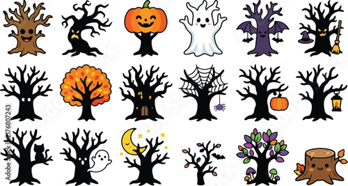 Halloween Icon Cute Halloween tree set. Funny spooky trees and ghosts. Carving pumpkin icons. Silhouette characters vector collection for holiday design EPS