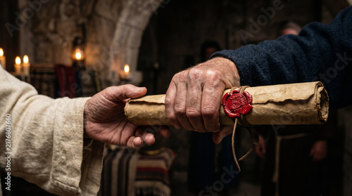 Saul breathing murderous threats, receiving a wax-sealed letter of authority from the High Priest to arrest Christians