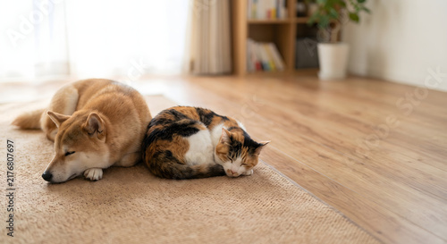 Adorable Shiba Inu dog and calico cat sleeping peacefully back to back on warm rug in living room