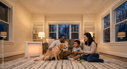 Happy family sitting on living room rug near electric heater playing with pet dog on cold evening
