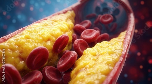 Blood flow constricted by fatty cholesterol deposits inside a human artery vessel.