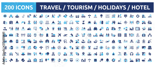 Quadro su tela Travel and tourism holiday hotel icons in blue shades for travel booking websites