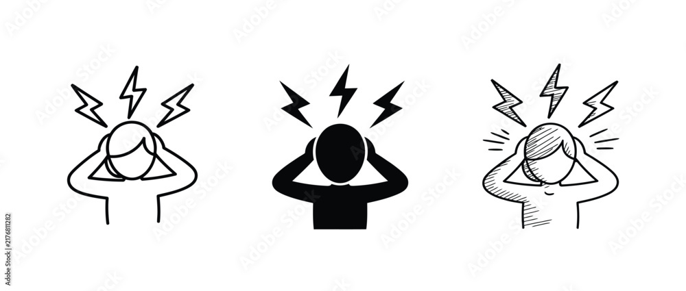 Fototapeta premium Stressed person head silhouette collection with lightning bolts in black and white sketch style for psychological distress representation.