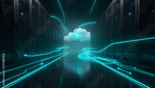 Plakat Cloud Computing Data Center with Neon Cyan Light Trails