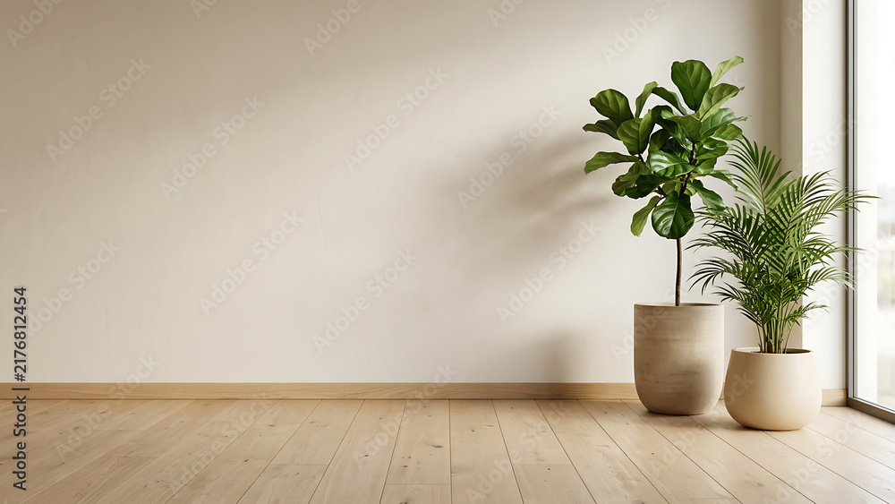 Fototapeta premium Minimalist Interior Background with Pot Plants on Wooden Floor and Empty Beige Wall