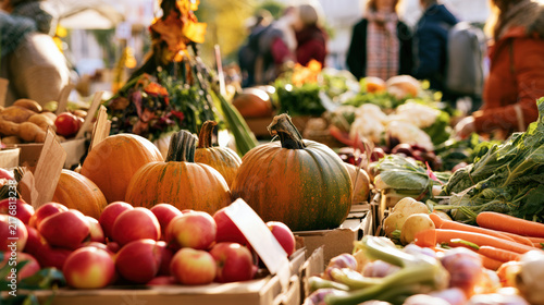 Autumn farmer market seasonal pumpkin vegetable produce stall displays colorful harvest beside shoppers and fresh local food