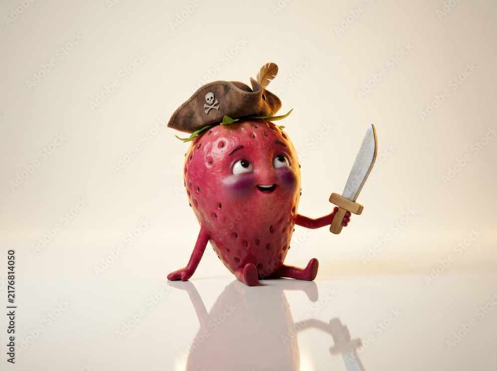 Pirate strawberry character wearing skull hat holding wooden sword for adventure thematic party design or children book story.