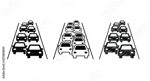 Traffic congestion illustration with three variations in black and white