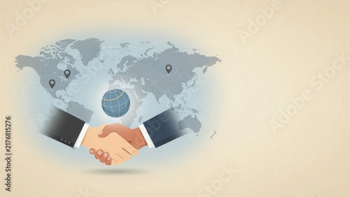Business handshake with world map and globe icon illustration