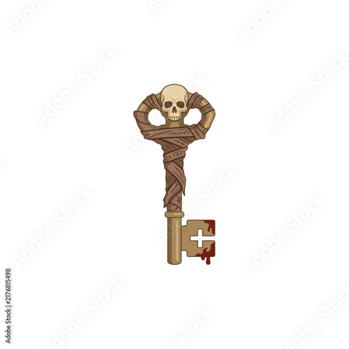 Cuadro en lienzo Antique skeleton key wrapped in ancient mummy bandages featuring a carved human