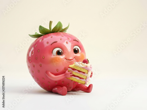 Cute cartoon strawberry character holding piece of cake for dessert advertisement design in 3d rendering on minimalist background.