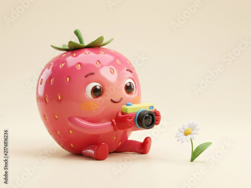 Cute cartoon strawberry character holding vintage yellow camera taking photos of white flower for creative design projects.