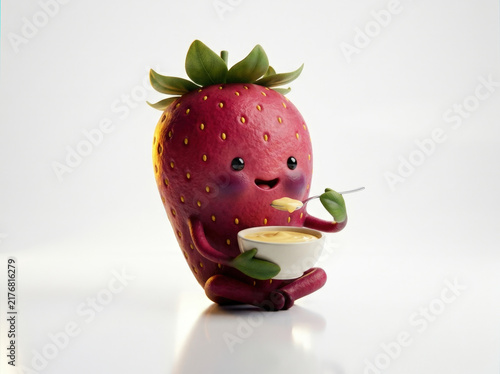 Cute cartoon strawberry character sitting and eating creamy yellow porridge from bowl isolated on white background digital art.