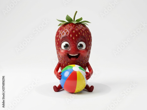 Cute cartoon strawberry character sitting and holding colorful beach ball isolated on white background for summer celebration.