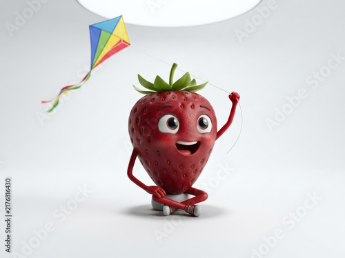 Cute cartoon strawberry character sitting with colorful kite in bright studio environment for playful advertising design projects.