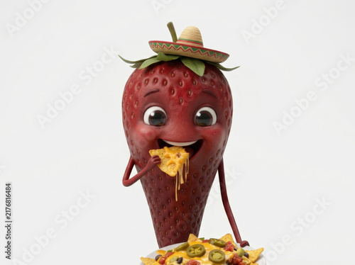 Cute cartoon strawberry character wearing traditional mexican sombrero hat eating cheesy nachos with jalapeno pepper toppings.