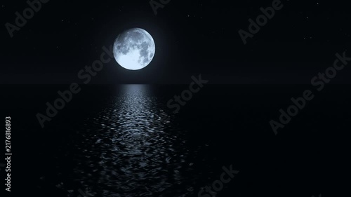 Moonlit Ocean at Night with Full Moon and Dark Sky