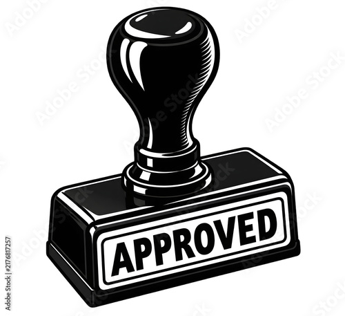 Black Wooden Approved Rubber Stamp with Ink Pad Isolated on White