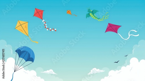 Colorful kites flying in a clear blue sky with fluffy clouds