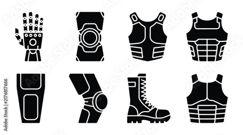 Tactical Gear and Protective Armor Black Icons Set