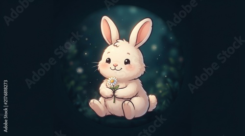 Cute white rabbit holding a small daisy flower in a magical dark forest