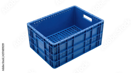Blue plastic storage crate for industrial logistics and warehouse organization isolated on transparent background