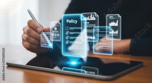 Corporate policy digital document management on tablet with document, business