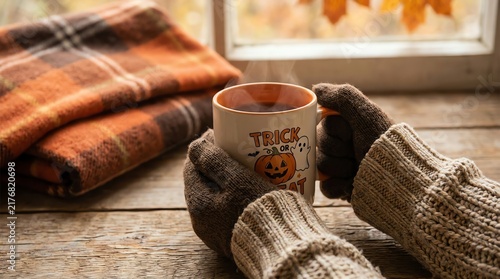 Cozy Hands Holding a Steaming Halloween Mug by a Window