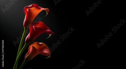 Three elegant dark red calla lily flowers isolated on black background