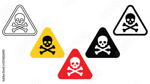 Poison toxic hazard skull and crossbones warning sign set in multiple color styles with crossbones triangle collection security template chemical
