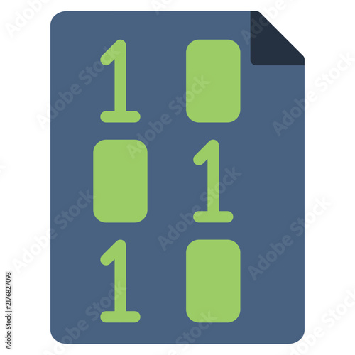 Binary file icon for compiled or machine readable data. Zero one digit document symbol for developer tool. Icon design flat style