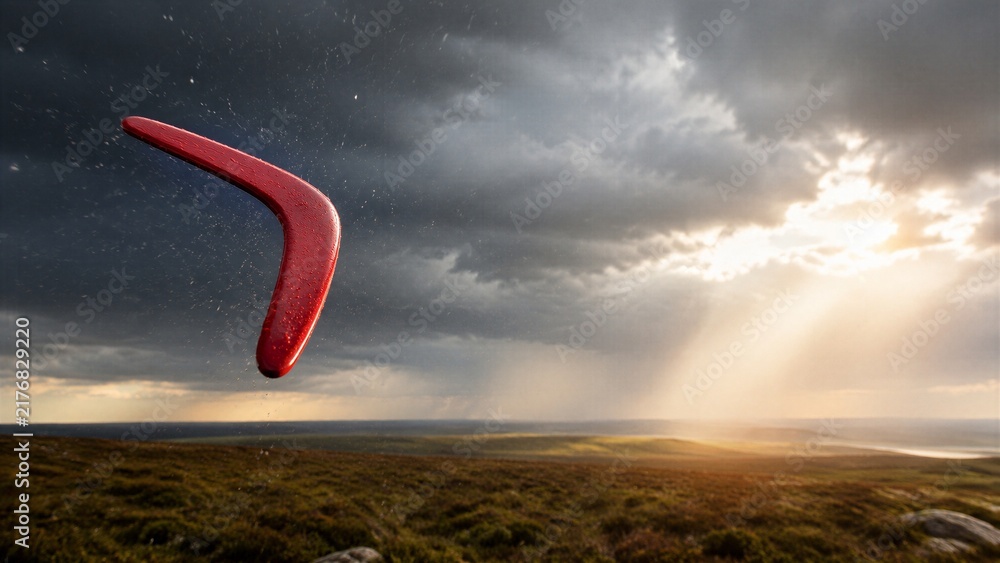 Obraz premium Red boomerang floating in dramatic clouds sky over moorland landscape sunset