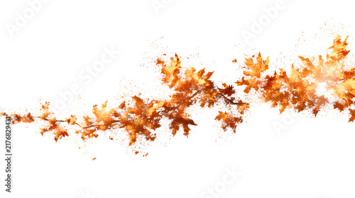 Glowing autumn leaves trail horizontally in the air