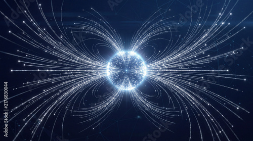 Glowing sphere with silver particles converging and flowing in dynamic lines, creating futuristic and energetic visual effect