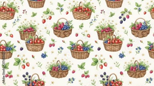 Watercolor seamless pattern with berry baskets and fresh summer fruits on white background